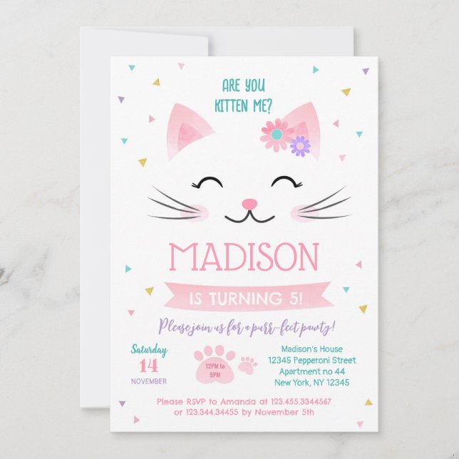 Kattunge Kitten Birthday-inbjudan till flicka Inbjudningar (Framsida)