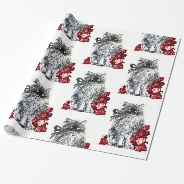 KATTUNGE/KITTEN MED RÖD ROS Black White Presentpapper (Utrullad)