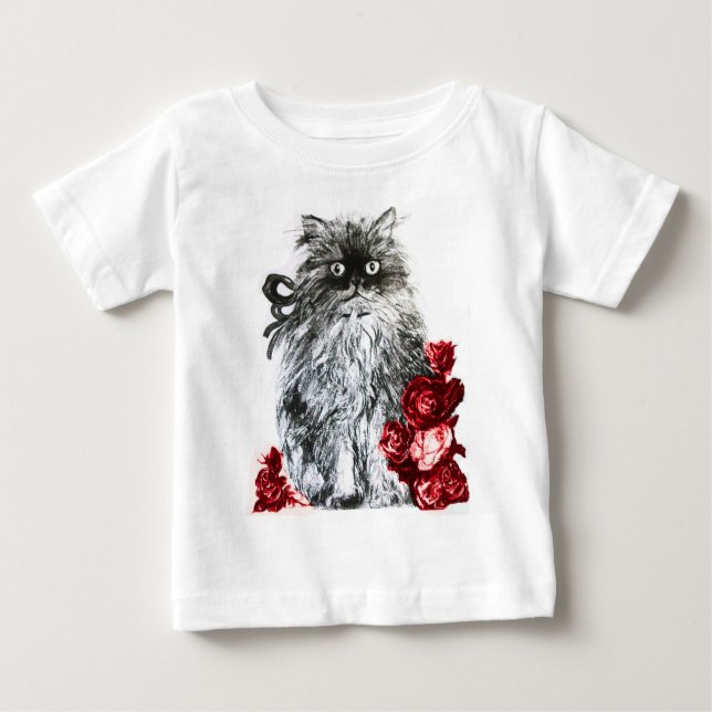 KATTUNGE ,KITTEN MED RÖD ROS, Svart och vitt Tee Shirt (Framsida)
