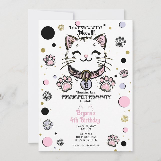 Kattunge Kitten Rosa Lila Guld Födelsedagsfest Inbjudningar (Framsida)