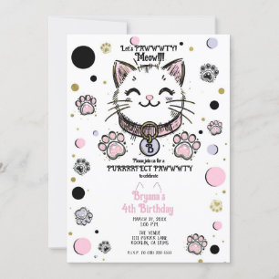 Kattunge Kitty Rosa Lila Guld Födelsedagsfest Inbjudningar