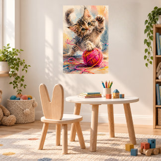 Kattunge leker med rosa garn Kattälskare Poster