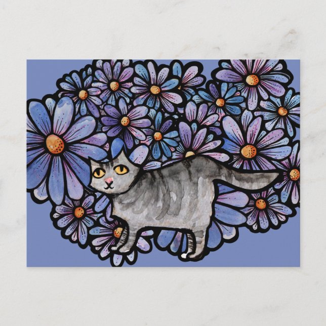 Kattunge Lila Daisy Grått Cat Art Grått Cats Helg Vykort (Framsida)