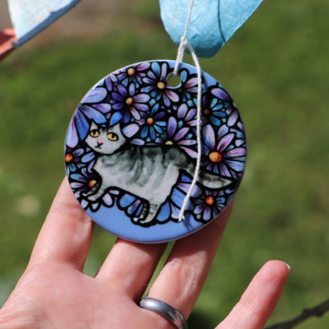 Kattunge Lila Daisy Grått Cat Art Grått Cats Julgransprydnad Keramik (Skapare uppladdad)