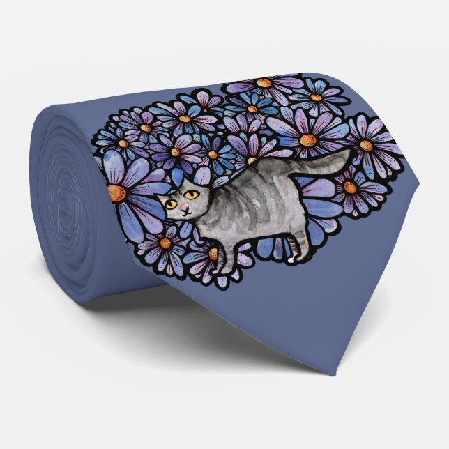 Kattunge Lila Daisy Grått Cat Art Grått Cats Slips (Rullad)