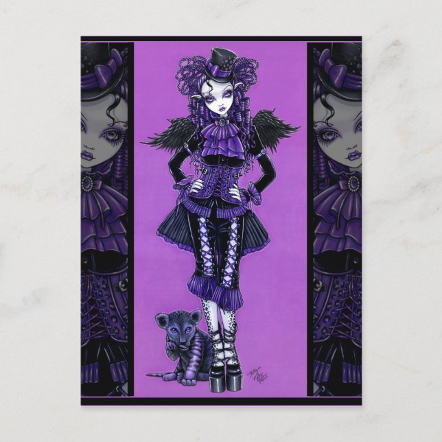 Kattunge Lila Gothic Cat Victorian Angel Postcard Vykort (Framsida)