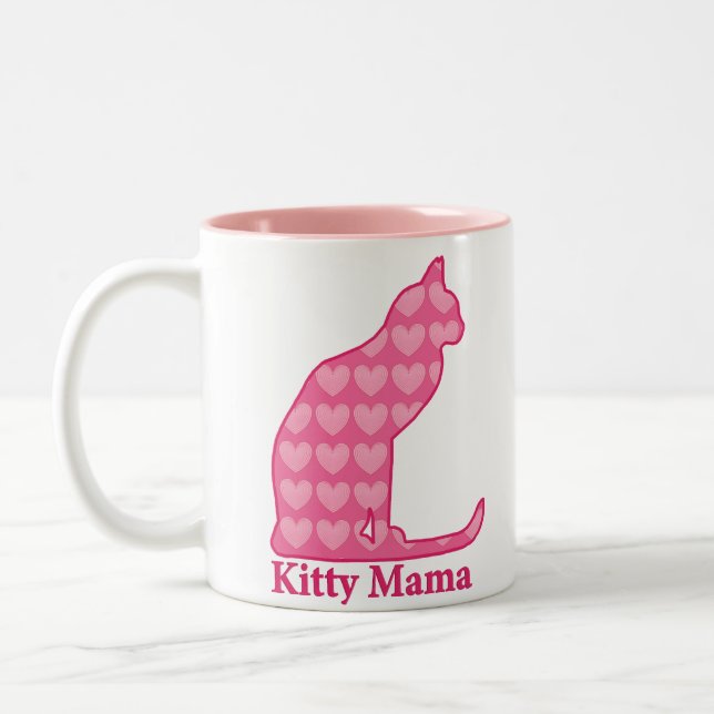 Kattunge Mamma Cat i Fuchsia Rosa Hearts Två-Tonad Mugg (Vänster)