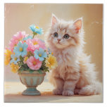 Kattunge med blommornas Bouquet Kakelplatta<br><div class="desc">Tabby Kitten med Bouquet av Pastel Flowers.</div>