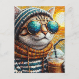 Kattunge med en iserad kaffe vykort
