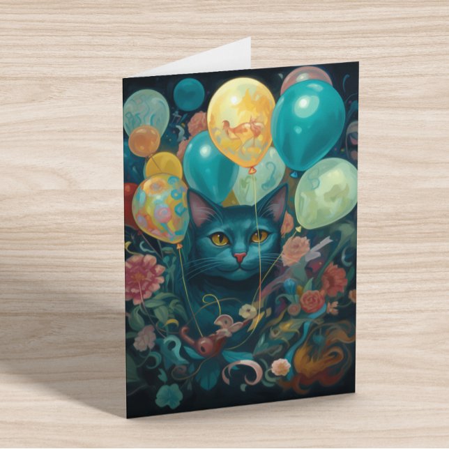 Kattunge med födelsedagsballonger kort (Skapare uppladdad)
