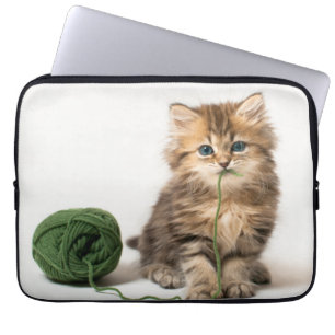 Kattunge med grönt garn laptop sleeve