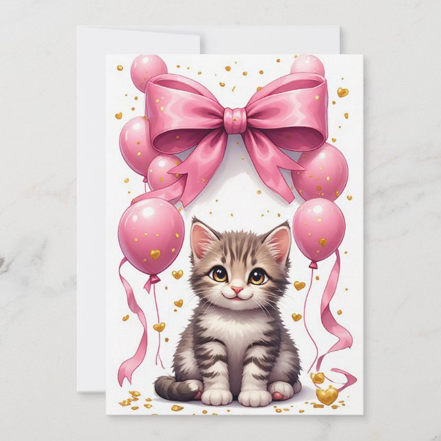 Kattunge med rosett och ballonger födelsedagsfiran (Framsida)