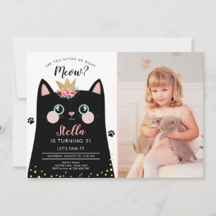 Kattunge Meow Rosa Krona Flicka Kitty Katt Födelse Inbjudningar