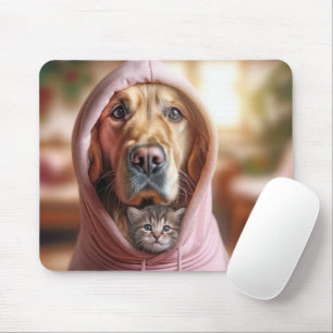 Kattunge och Golden Retriever i en rosa hoodie Musmatta