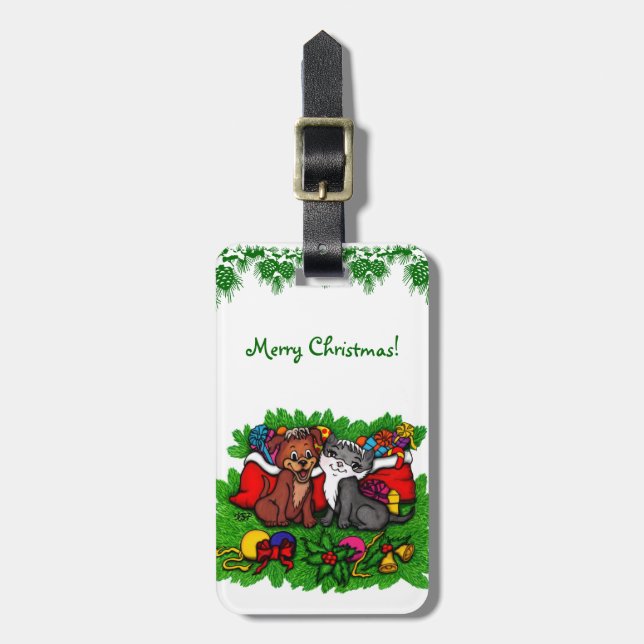 Kattunge och marionett, Lycklig Julafton Bagagebricka (Vertikal Framsida)