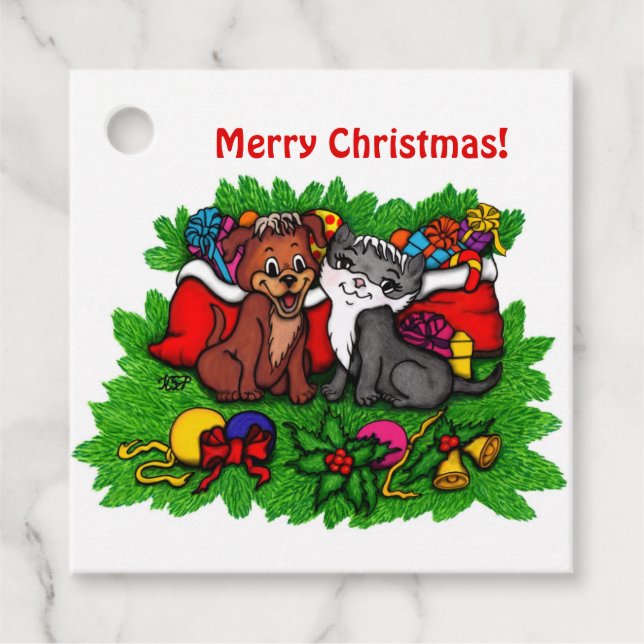 Kattunge och marionett, Lycklig Julafton Gåvor Etiketter (Framsida)