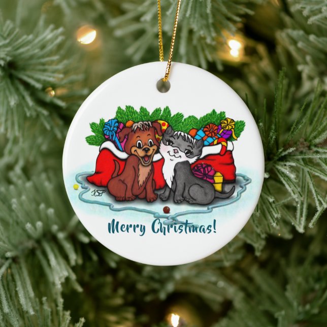 Kattunge och marionett, Lycklig Julafton Julgransprydnad Keramik (Träd)