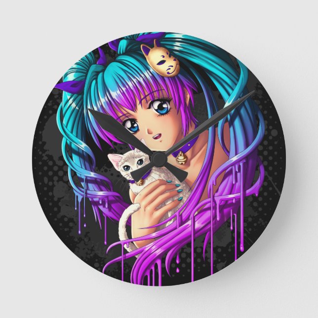 Kattunge- och PigtailManga flicka Rund Klocka (Framsida)