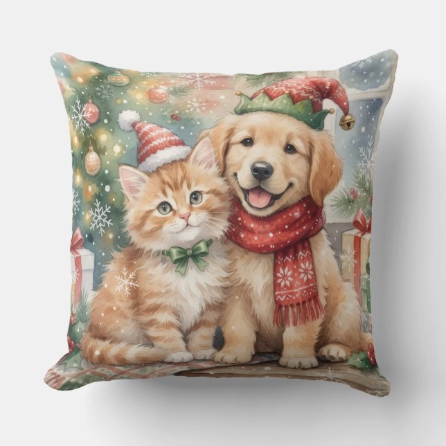Kattunge och valp. Festlig jul. Söt Kudde (Framsida)