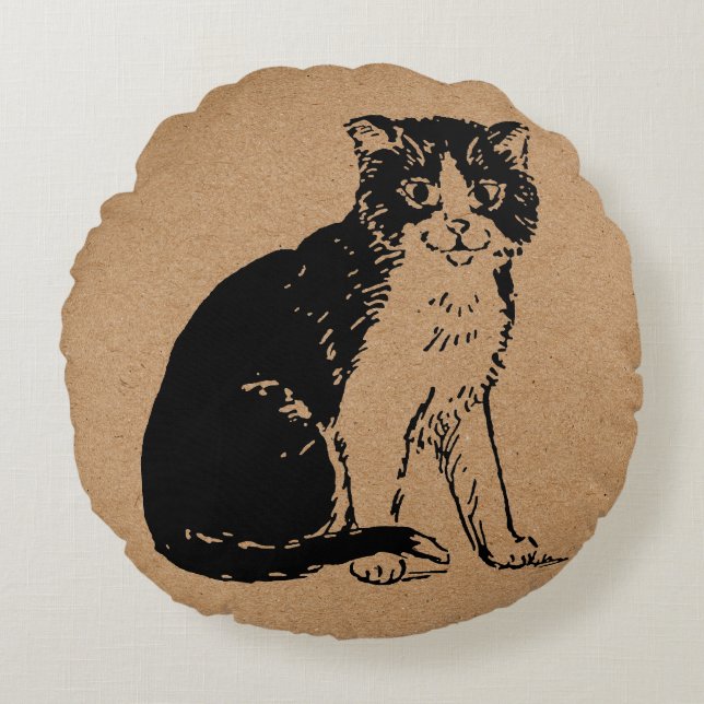 Kattunge på Brun Papper Fin Konst Rund Kudde (Framsidan)