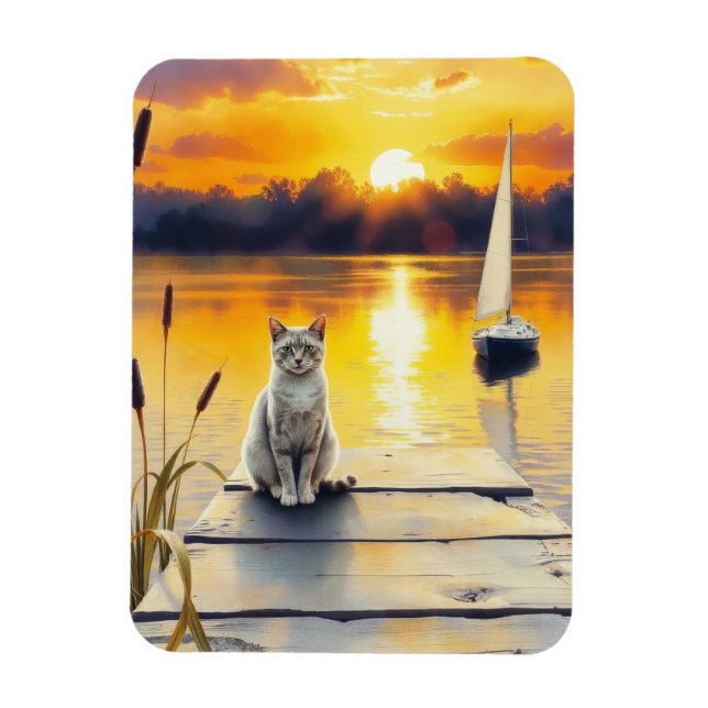 kattunge på bryggan vid solnedgång magnet (Vertikal)