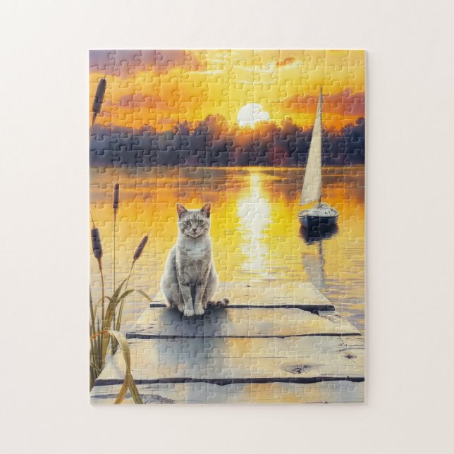 kattunge på bryggan vid solnedgång pussel (Vertikal)