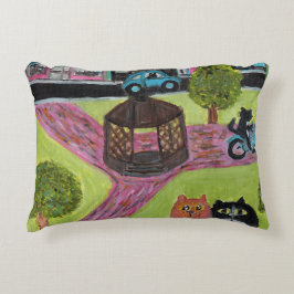 Kattunge Park Roligt Folk Art Cat Painting Town Sq Prydnadskudde