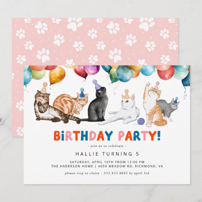 Kattunge Party | Roligt Färgat Barns födelsedag Inbjudningar (Fram/baksida)