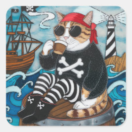 Kattunge Pirat i fuzzy Black sweater med kaffe Fyrkantigt Klistermärke