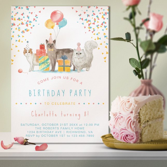 Kattunge Rainbow Confetti Roligt Barns födelsedag  Inbjudningar (Skapare uppladdad)