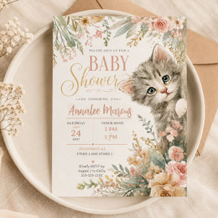 Kattunge Röda Blommor Baby Shower  Inbjudningar