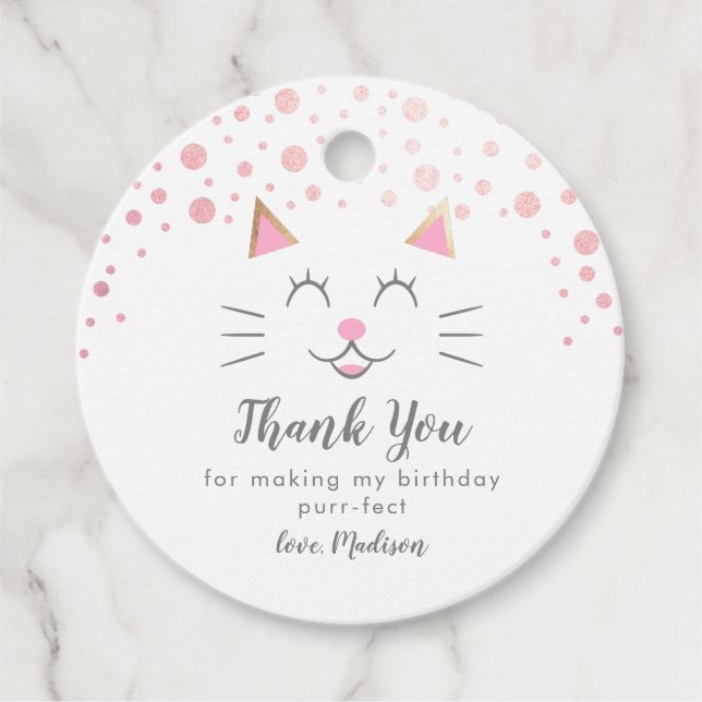 Kattunge Rosa Guld Födelsedagsfest Gåvor Etiketter (Framsida)