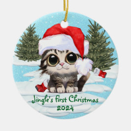 Kattunge Santa Hat, ANPASSADET! Adsible Cat Julgransprydnad Keramik