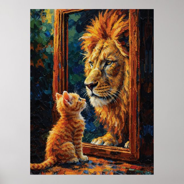 Kattunge Ser Lejonreflektion Motiverande Impasto Poster (Framsidan)