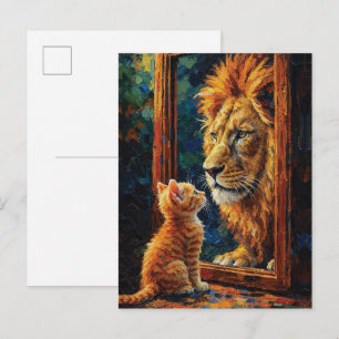 Kattunge ser lejonreflektion Motiverande Impasto Vykort