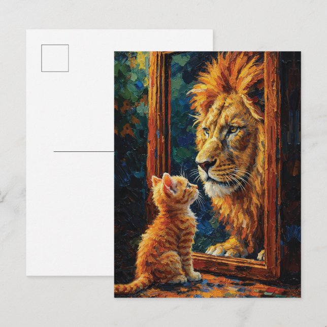 Kattunge ser lejonreflektion Motiverande Impasto Vykort (Fram/baksida)