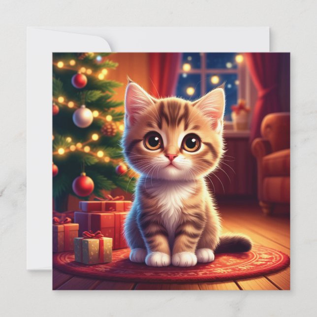 Kattunge sitter bredvid lysande julgran (Framsida)