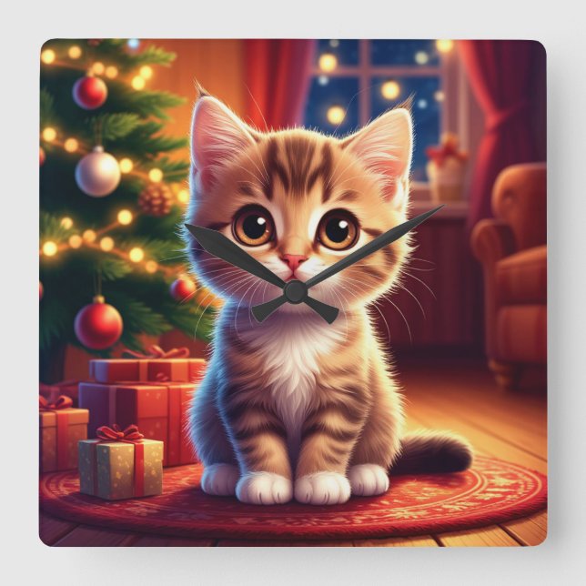 Kattunge sitter bredvid lysande julgran fyrkantig klocka (Framsida)