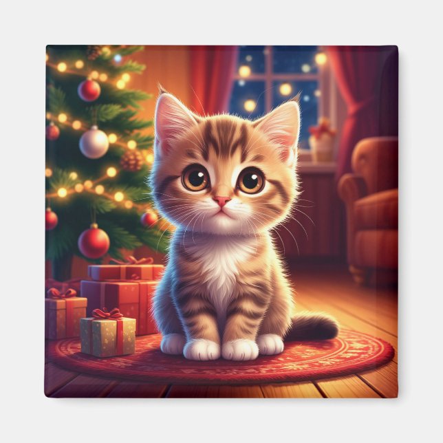 Kattunge sitter bredvid lysande julgran magnet (Framsidan)
