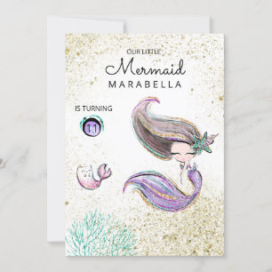 *~* Kattunge Sjöjungfru Guld Glitter Hair Birthday Inbjudningar