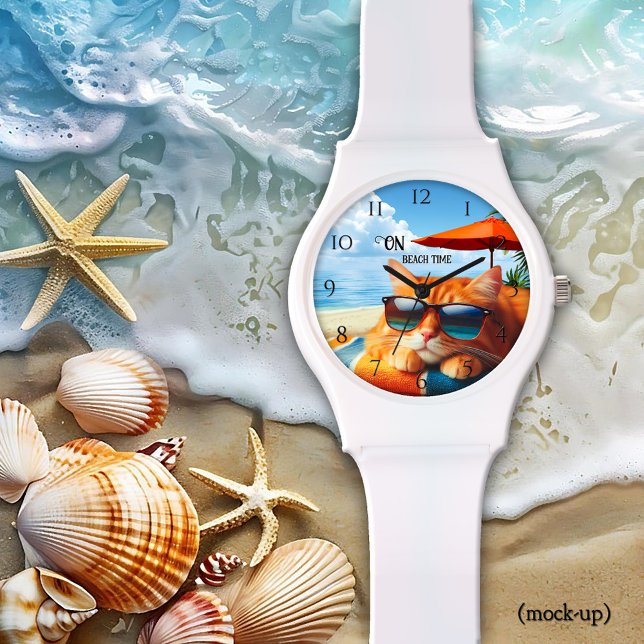 Kattunge snosar på Beach Alltid Sommaren Armbandsur (Cat lover watch featuring a colorful painting of a kitty snoozing on the beach.)