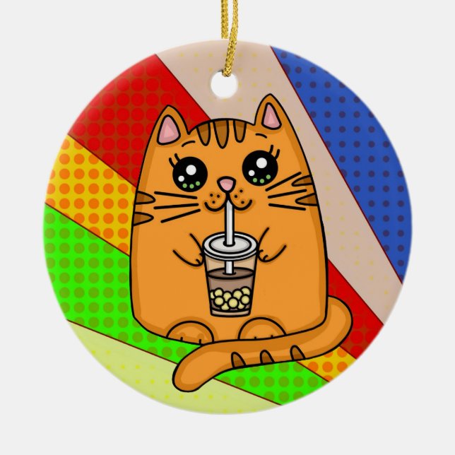 Kattunge som dricker Boba Tea Julgransprydnad Keramik (Framsidan)