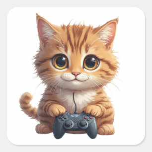 Kattunge som håller spelkontroll Gamer Katt Fyrkantigt Klistermärke