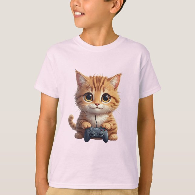 Kattunge som håller spelkontroll Gamer Katt T Shirt (Framsida)