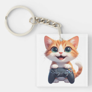 Kattunge som håller spelkontroll leende spelande k