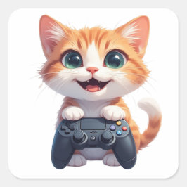 Kattunge som håller spelkontroll leende spelande k fyrkantigt klistermärke
