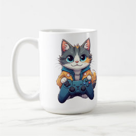 Kattunge som håller spelkontroll leende spelande k kaffemugg