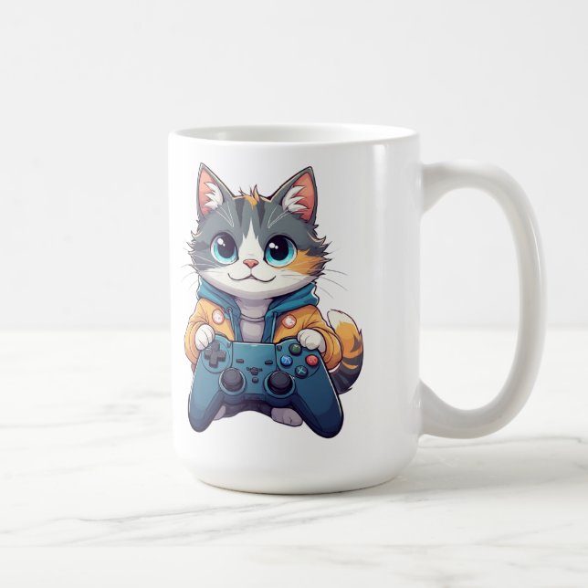 Kattunge som håller spelkontroll leende spelande k kaffemugg (Höger)