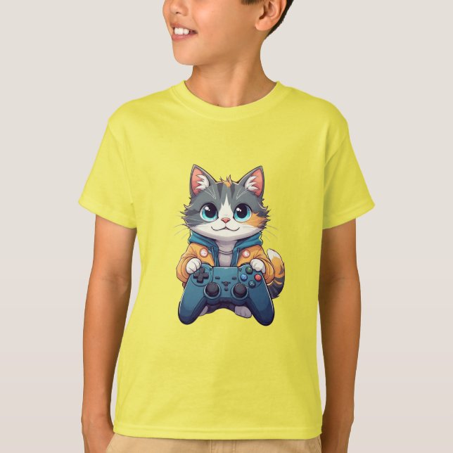 Kattunge som håller spelkontroll leende spelande k t shirt (Framsida)
