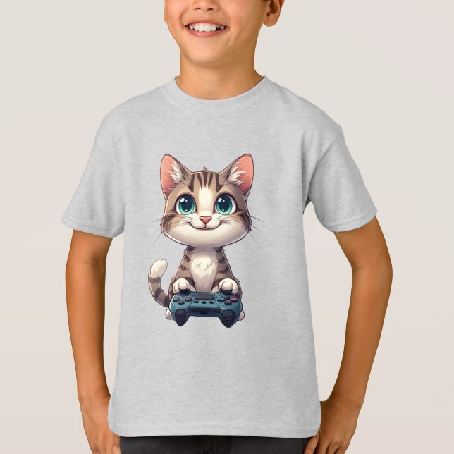 Kattunge som håller spelkontroll leende spelande k t shirt (Framsida)